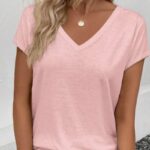 Ροζ T-shirt με V λαιμόκοψη μπροστά